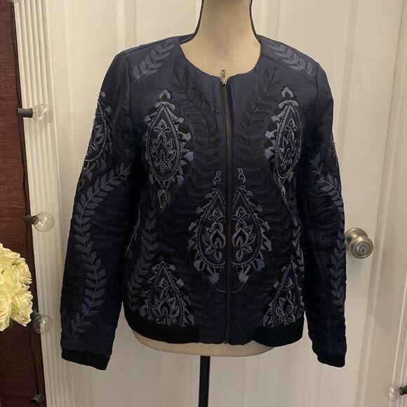 Parker Navy Blue silk Embroidered/beaded Women's bomber jacket , L - Picture 3 of 12